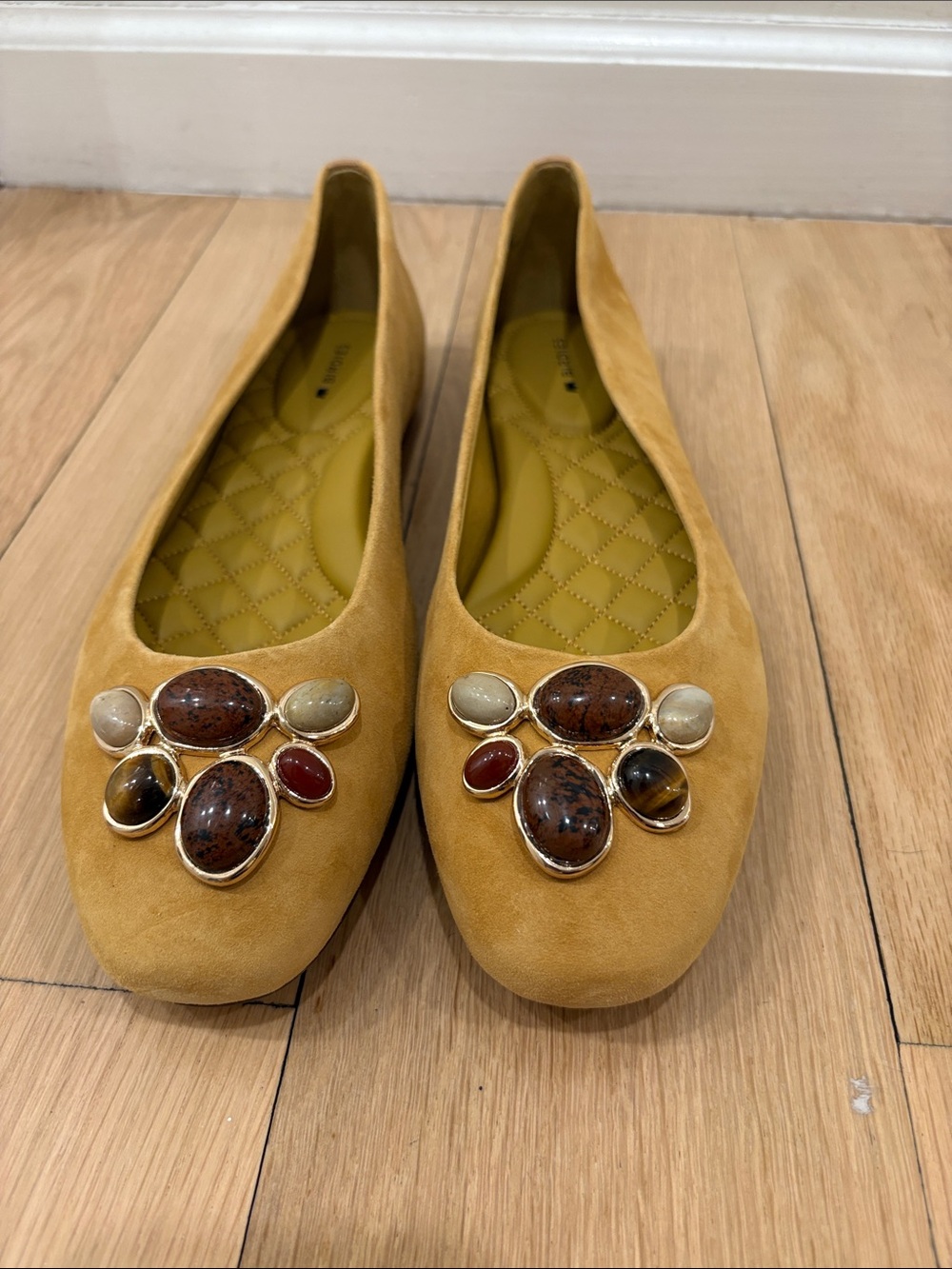 Birdies Mustard Suede Jewel-Embellished Ballet Flats